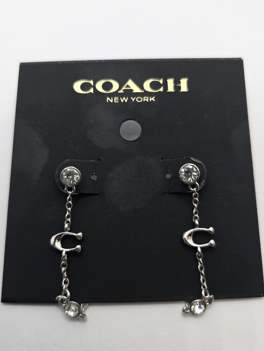 Coach Monogram Long Dangle Silver Tone Chain Earrings with Crystals
